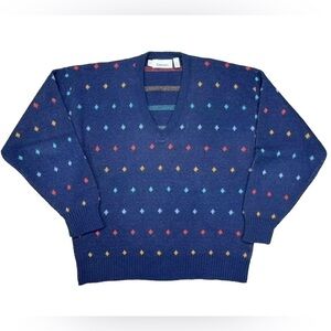 Vintage Damon Wool Blend Sweater Men’s Large Blue Diamond Pullover V-neck USA
